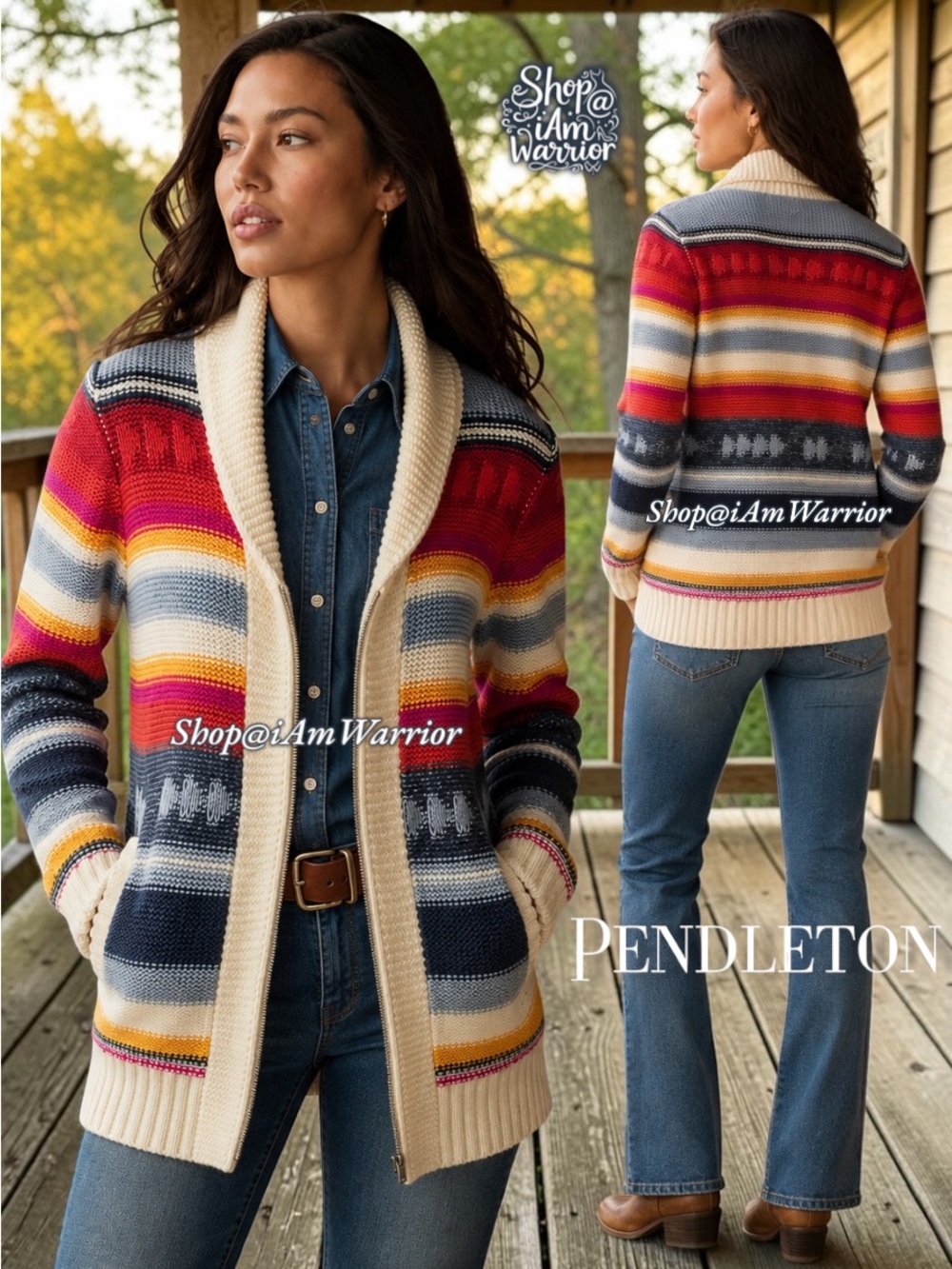 Pendleton Southwestern Striped Full Zip Shawl Collar Merino Wool Cardigan